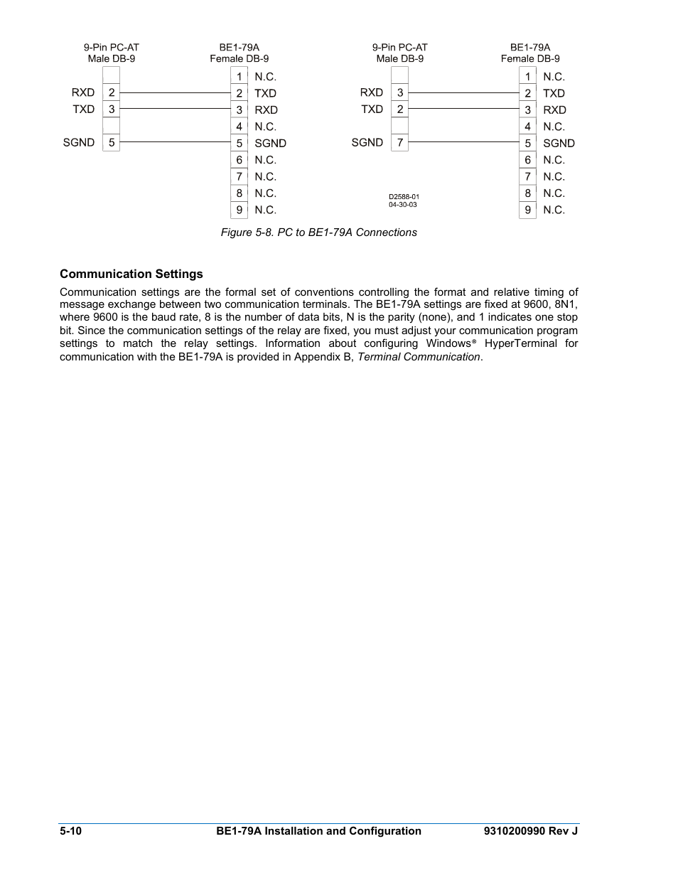 Communication settings, Communication settings -10, Figure 5-8. pc to be1-79a connections | Basler Electric BE1-79A User Manual | Page 50 / 72