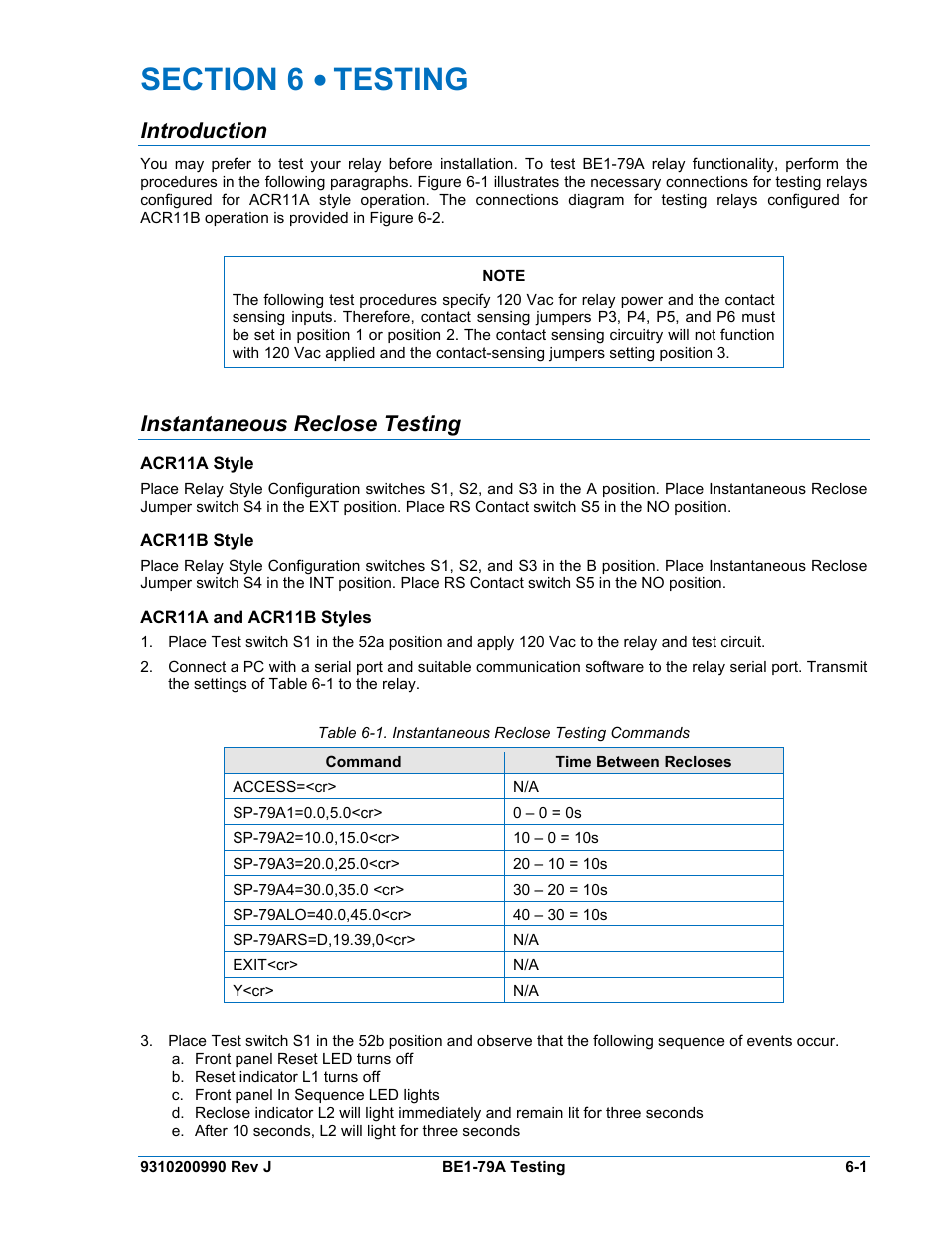 Introduction, Instantaneous reclose testing, Acr11a style | Acr11b style, Acr11a and acr11b styles, Section 6 • testing -1, Introduction -1, Instantaneous reclose testing -1, Acr11a style -1, Acr11b style -1 | Basler Electric BE1-79A User Manual | Page 53 / 72
