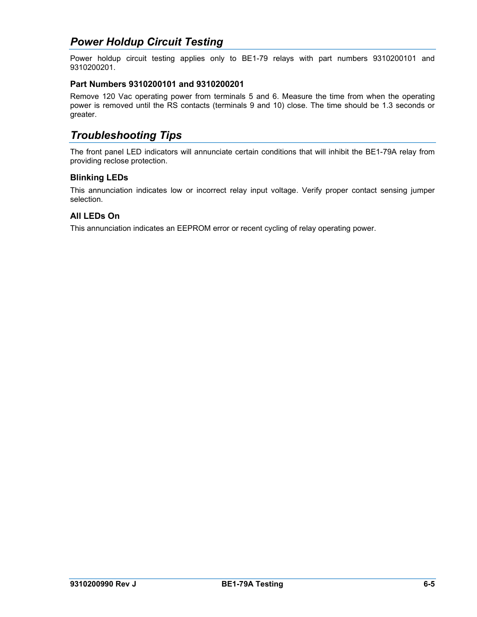 Power holdup circuit testing, Part numbers 9310200101 and 9310200201, Troubleshooting tips | Blinking leds, All leds on, Power holdup circuit testing -5, Part numbers 9310200101 and 9310200201 -5, Troubleshooting tips -5, Blinking leds -5, All leds on -5 | Basler Electric BE1-79A User Manual | Page 57 / 72