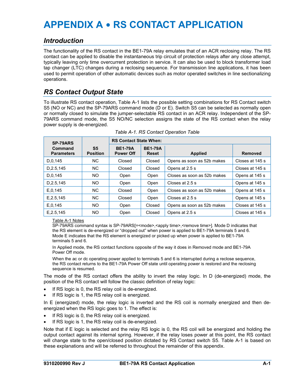 Introduction, Rs contact output state, Table a-1. rs contact operation table | Appendix a • rs contact application | Basler Electric BE1-79A User Manual | Page 61 / 72