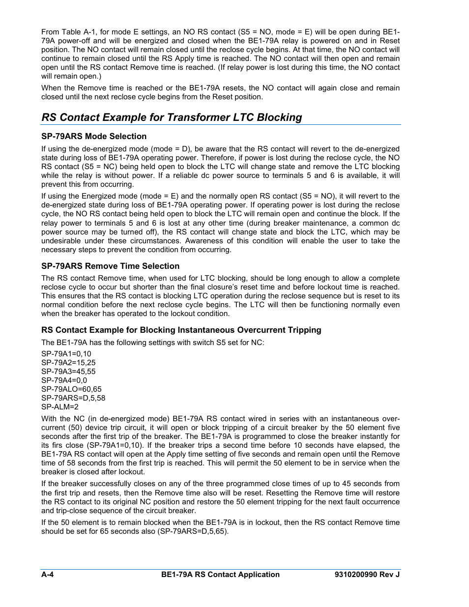Rs contact example for transformer ltc blocking, Sp-79ars mode selection, Sp-79ars remove time selection | Basler Electric BE1-79A User Manual | Page 64 / 72
