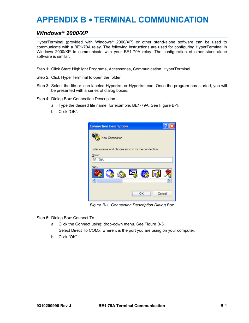 Windows® 2000/xp, Figure b-1. connection description dialog box, Appendix b • terminal communication | Basler Electric BE1-79A User Manual | Page 67 / 72