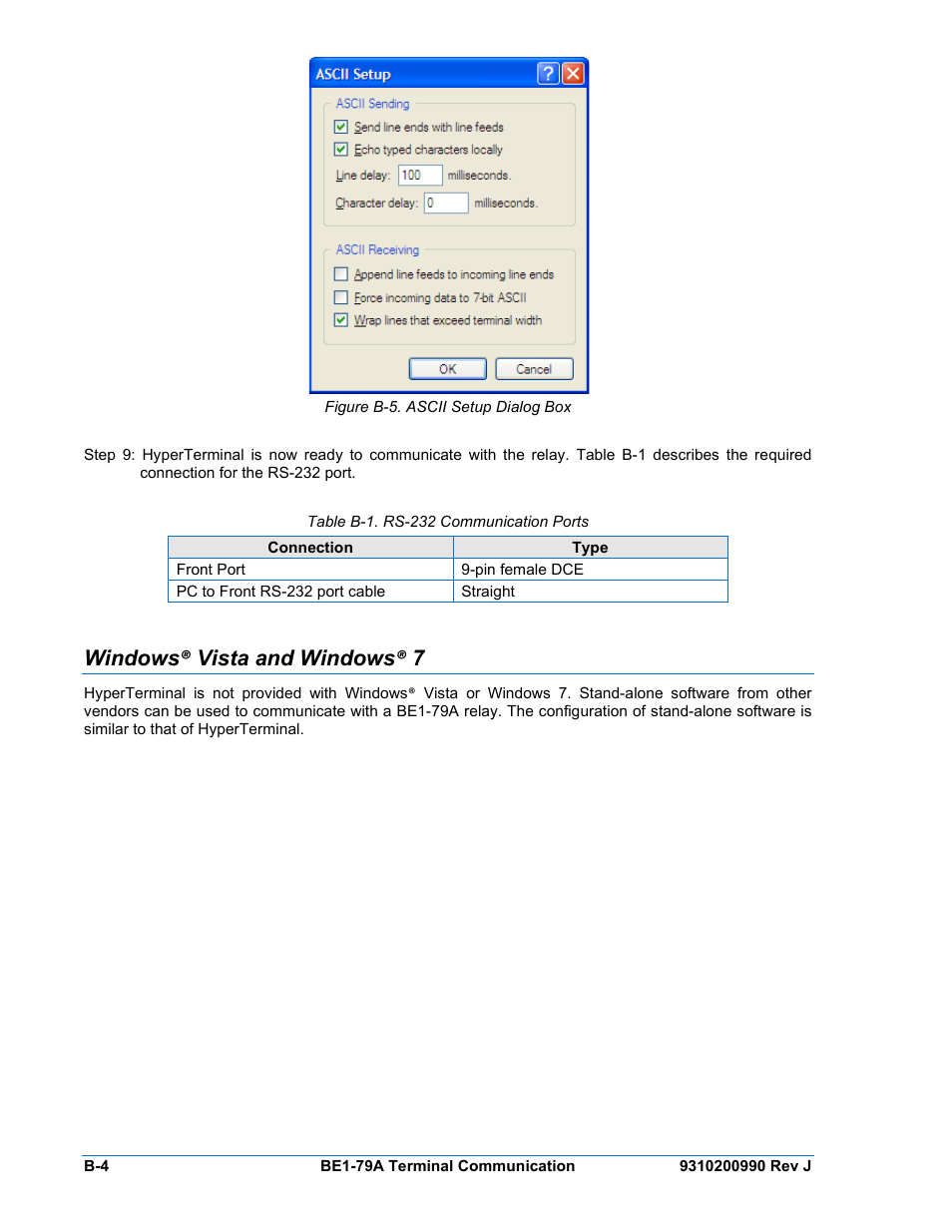 Windows® vista and windows® 7, Figure b-5. ascii setup dialog box, Table c-1. rs-232 communication ports | Basler Electric BE1-79A User Manual | Page 70 / 72