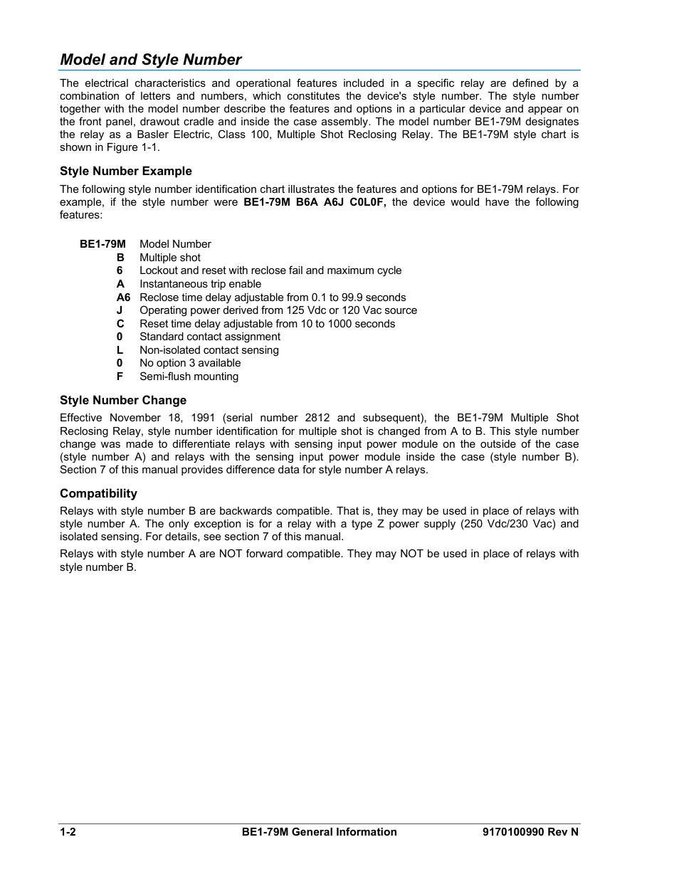 Model and style number, Style number example, Style number change | Compatibility, Model and style number -2, Style number example -2, Style number change -2, Compatibility -2 | Basler Electric BE1-79M User Manual | Page 12 / 74