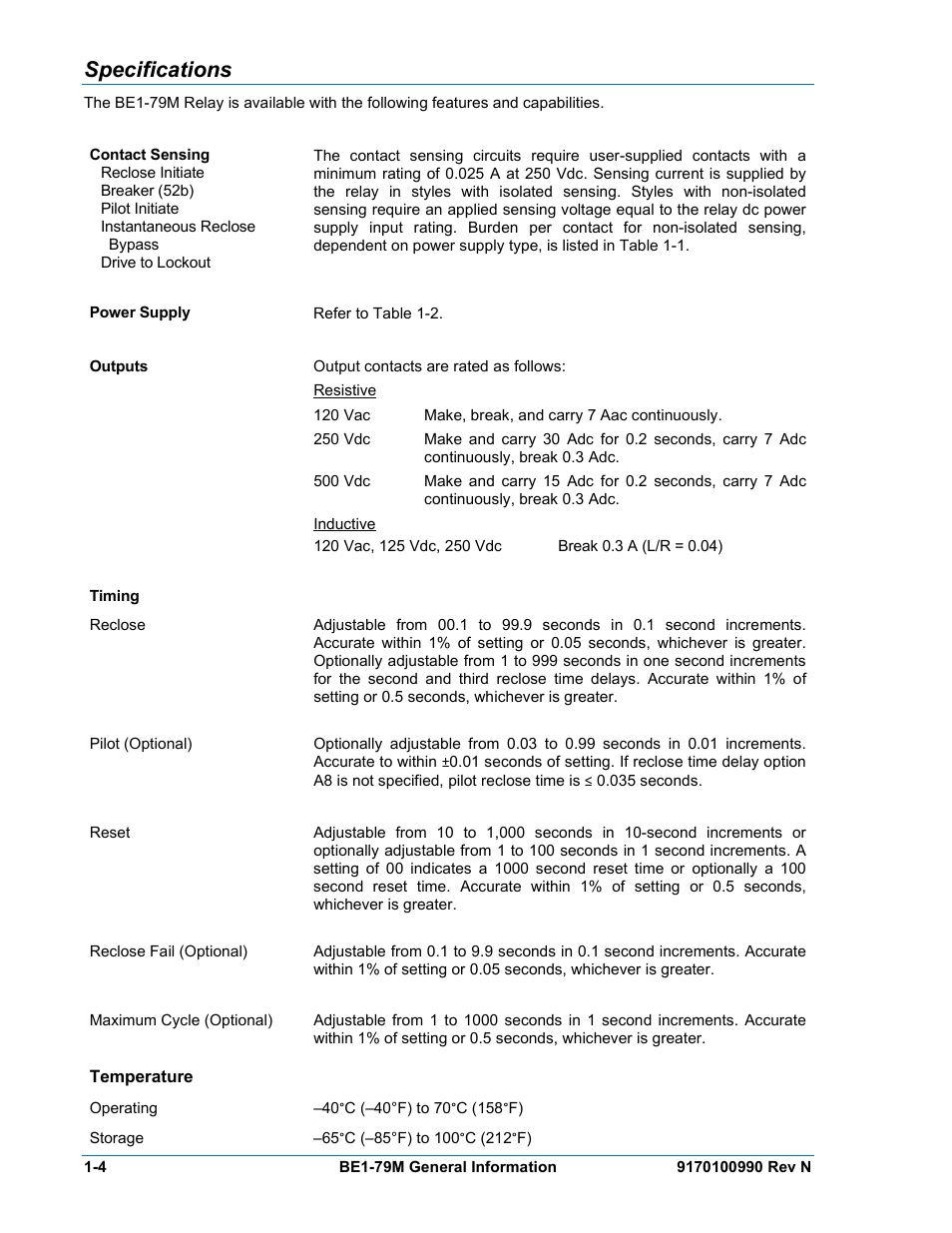 Specifications, Temperature, Specifications -4 | Temperature -4 | Basler Electric BE1-79M User Manual | Page 14 / 74