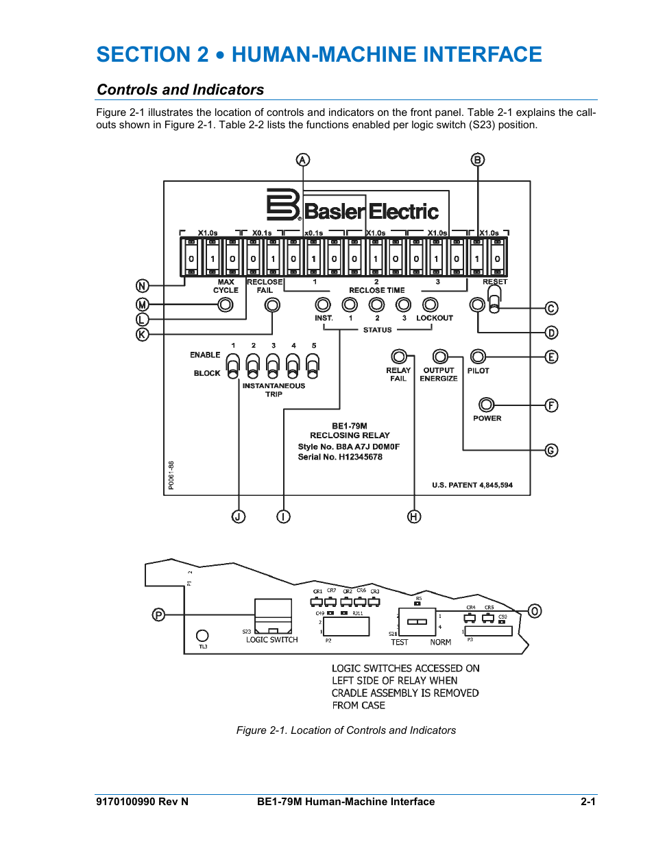 Controls and indicators, Section 2 • human-machine interface -1, Controls and indicators -1 | Figure 2-1. location of controls and indicators | Basler Electric BE1-79M User Manual | Page 19 / 74