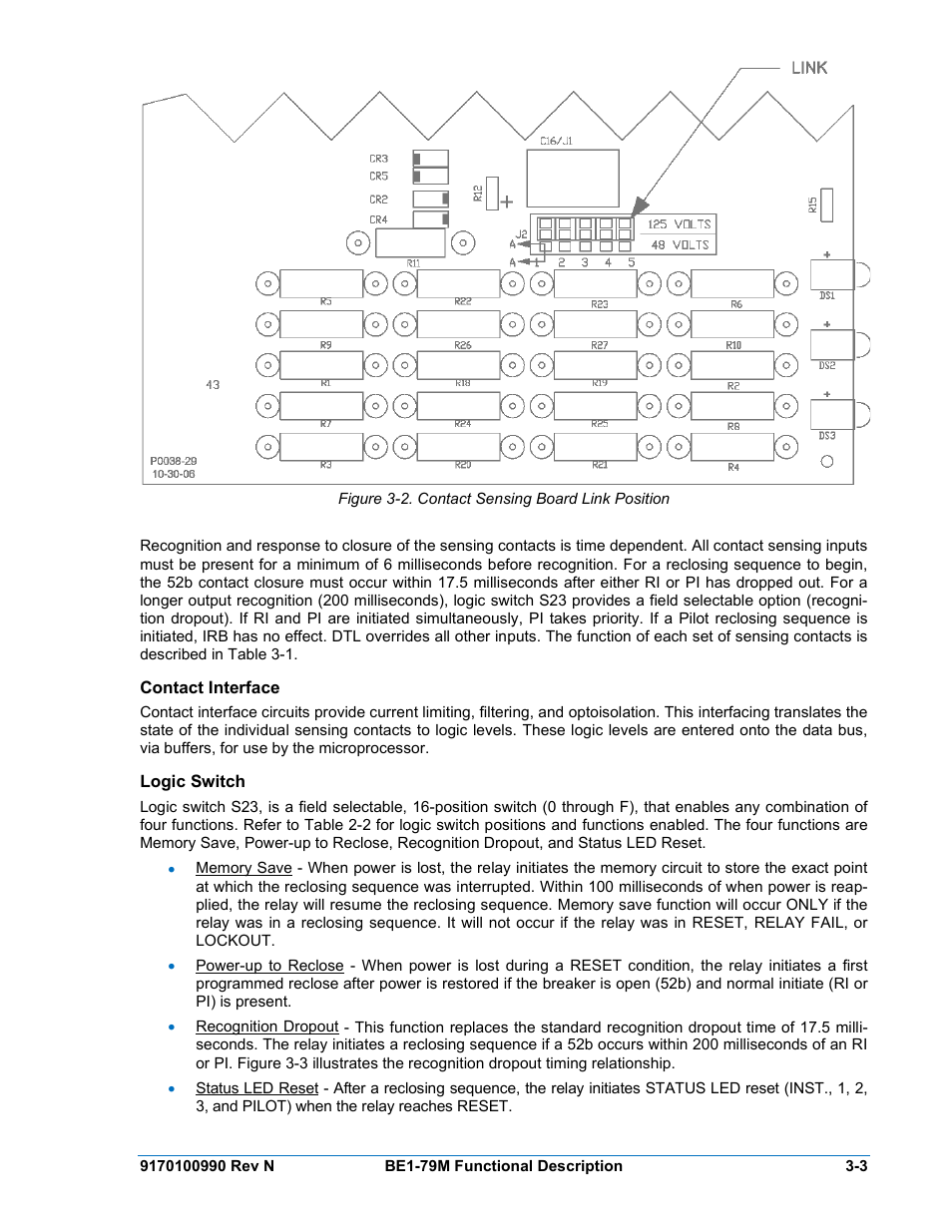 Contact interface, Logic switch, Contact interface -3 | Logic switch -3, Figure 3-2. contact sensing board link position | Basler Electric BE1-79M User Manual | Page 27 / 74