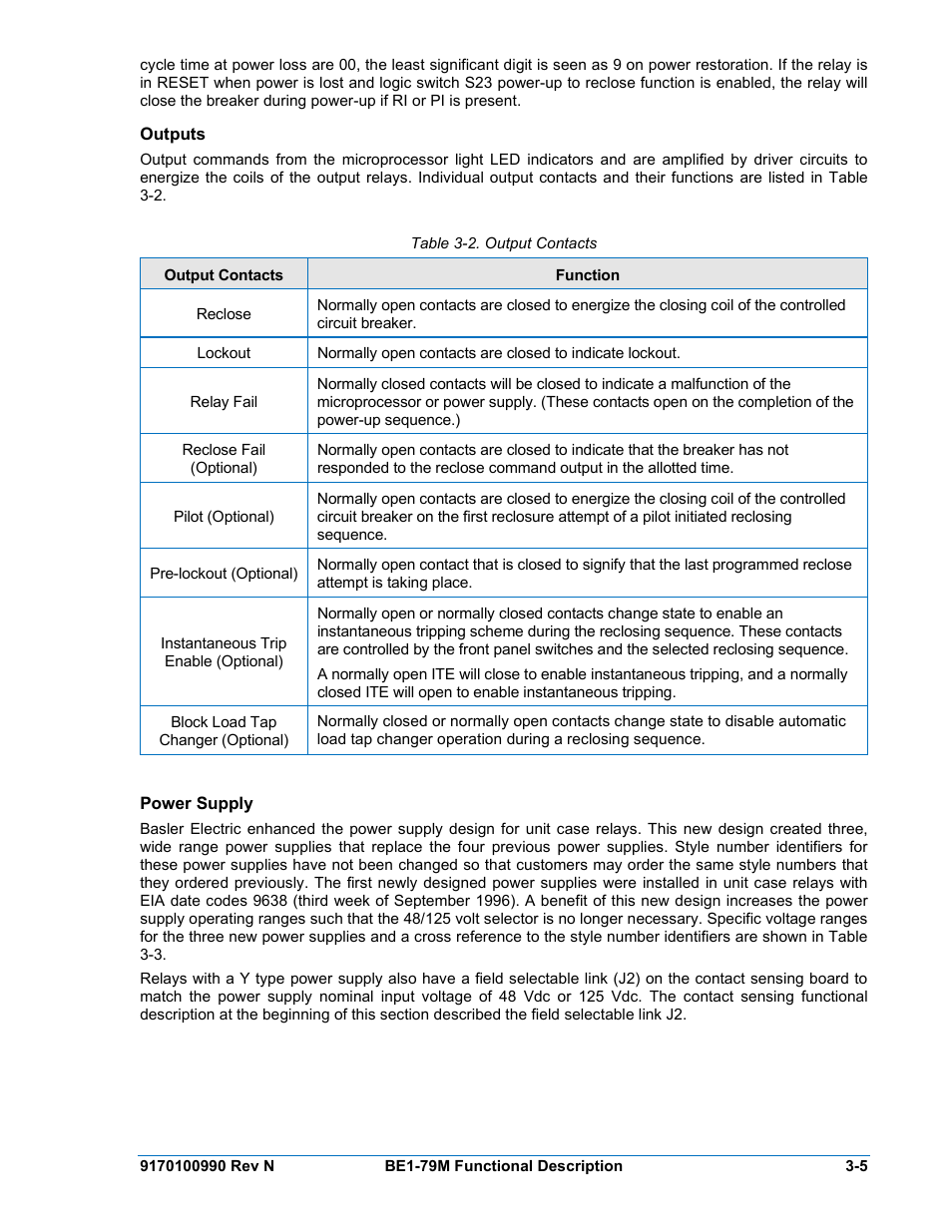 Outputs, Power supply, Outputs -5 | Power supply -5, Table 3-2. output contacts | Basler Electric BE1-79M User Manual | Page 29 / 74