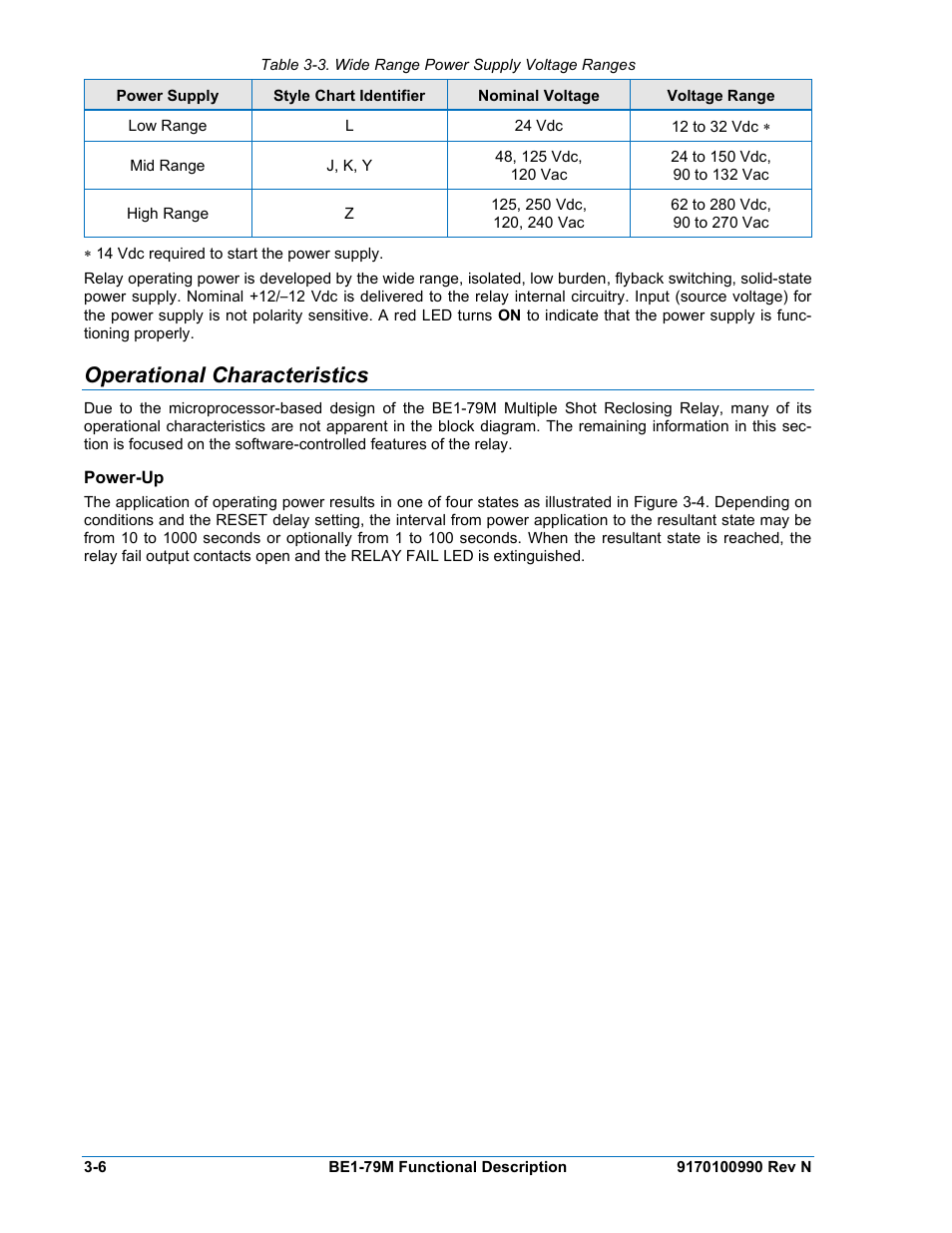 Operational characteristics, Power-up, Operational characteristics -6 | Power-up -6, Table 3-3. wide range power supply voltage ranges, N table | Basler Electric BE1-79M User Manual | Page 30 / 74