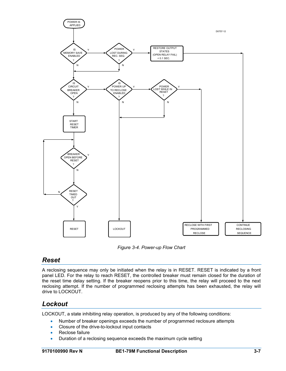 Reset, Lockout, Reset -7 | Lockout -7, Figure 3-4. power-up flow chart | Basler Electric BE1-79M User Manual | Page 31 / 74