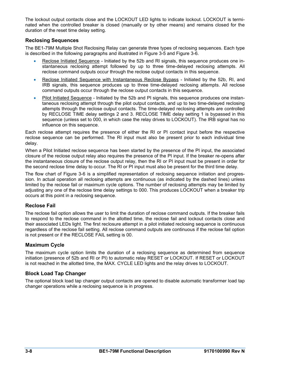 Reclosing sequences, Reclose fail, Maximum cycle | Block load tap changer, Reclosing sequences -8, Reclose fail -8, Maximum cycle -8, Block load tap changer -8 | Basler Electric BE1-79M User Manual | Page 32 / 74