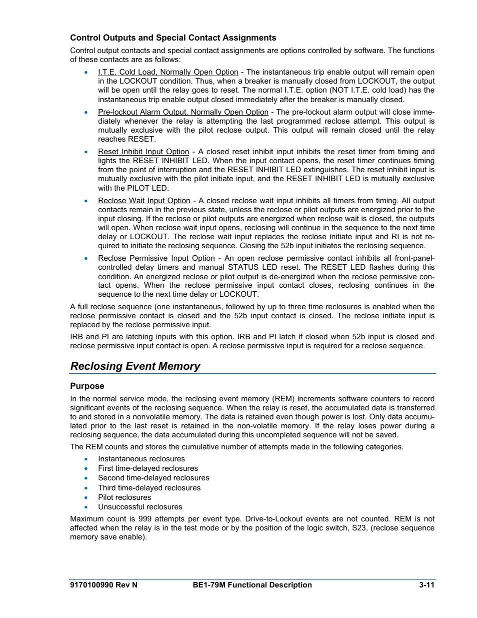 Control outputs and special contact assignments, Reclosing event memory, Purpose | Reclosing event memory -11, Purpose -11 | Basler Electric BE1-79M User Manual | Page 35 / 74