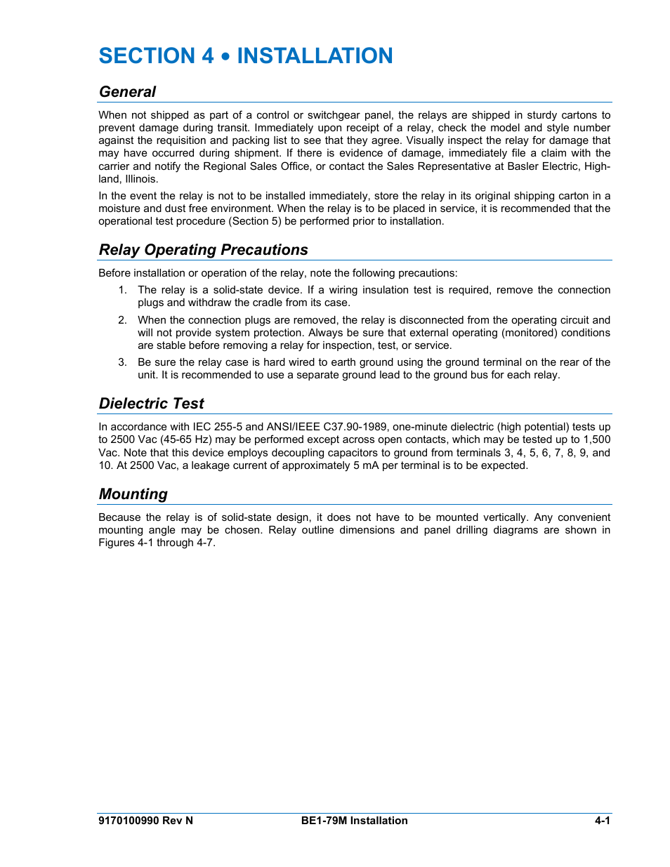General, Relay operating precautions, Dielectric test | Mounting, Section 4 • installation -1, General -1, Relay operating precautions -1, Dielectric test -1, Mounting -1 | Basler Electric BE1-79M User Manual | Page 41 / 74