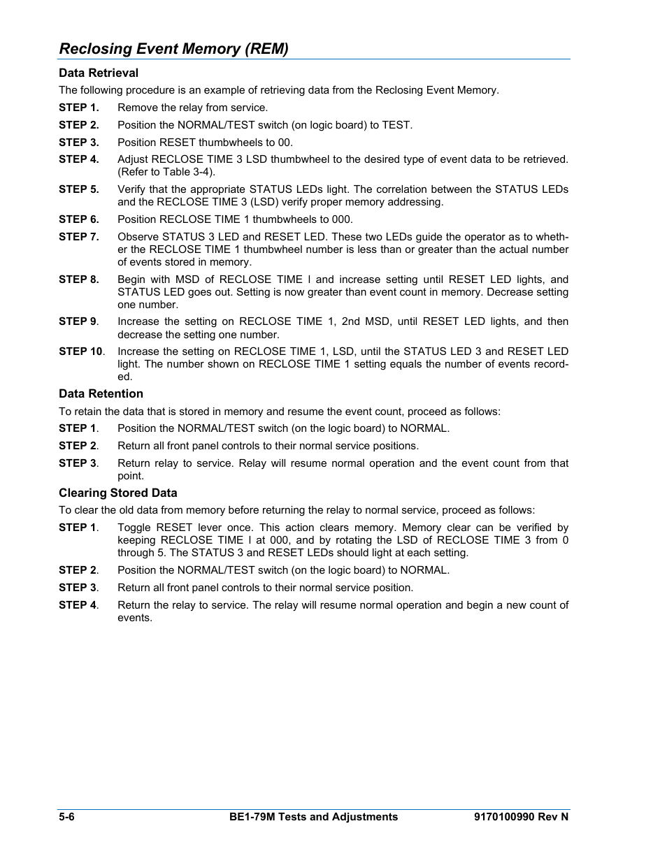 Reclosing event memory (rem), Data retrieval, Data retention | Clearing stored data, Reclosing event memory (rem) -6, Data retrieval -6, Data retention -6, Clearing stored data -6 | Basler Electric BE1-79M User Manual | Page 60 / 74