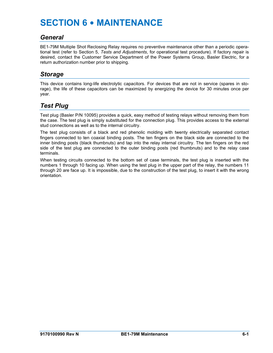 General, Storage, Test plug | Section 6 • maintenance -1, General -1, Storage -1, Test plug -1 | Basler Electric BE1-79M User Manual | Page 63 / 74