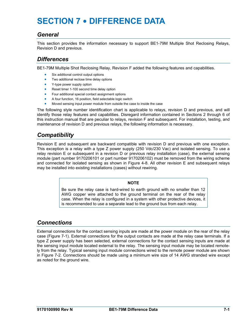General, Differences, Compatibility | Connections, Section 7 • difference data -1, General -1, Differences -1, Compatibility -1, Connections -1 | Basler Electric BE1-79M User Manual | Page 67 / 74