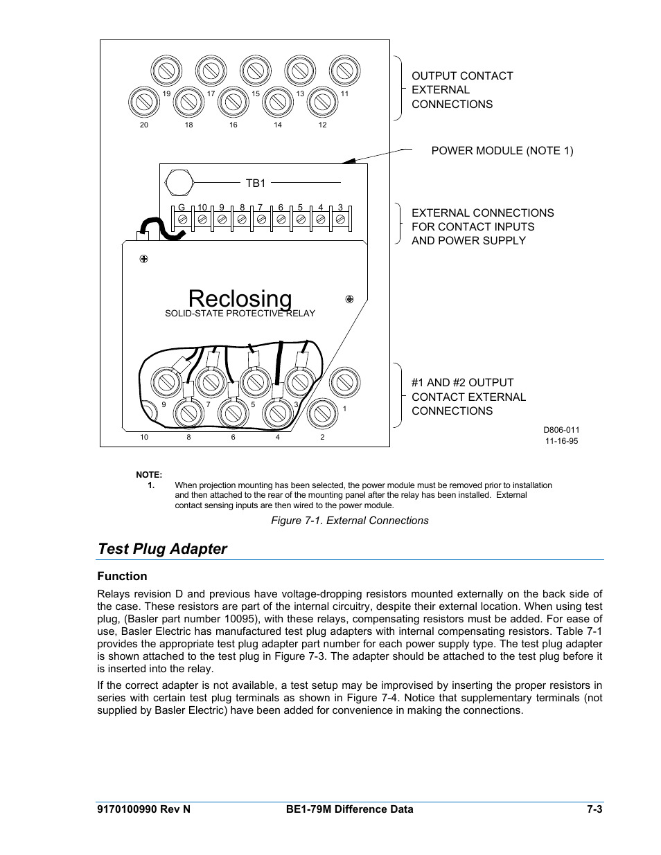 Test plug adapter, Function, Test plug adapter -3 | Function -3, Figure 7-1. external connections, Reclosing | Basler Electric BE1-79M User Manual | Page 69 / 74