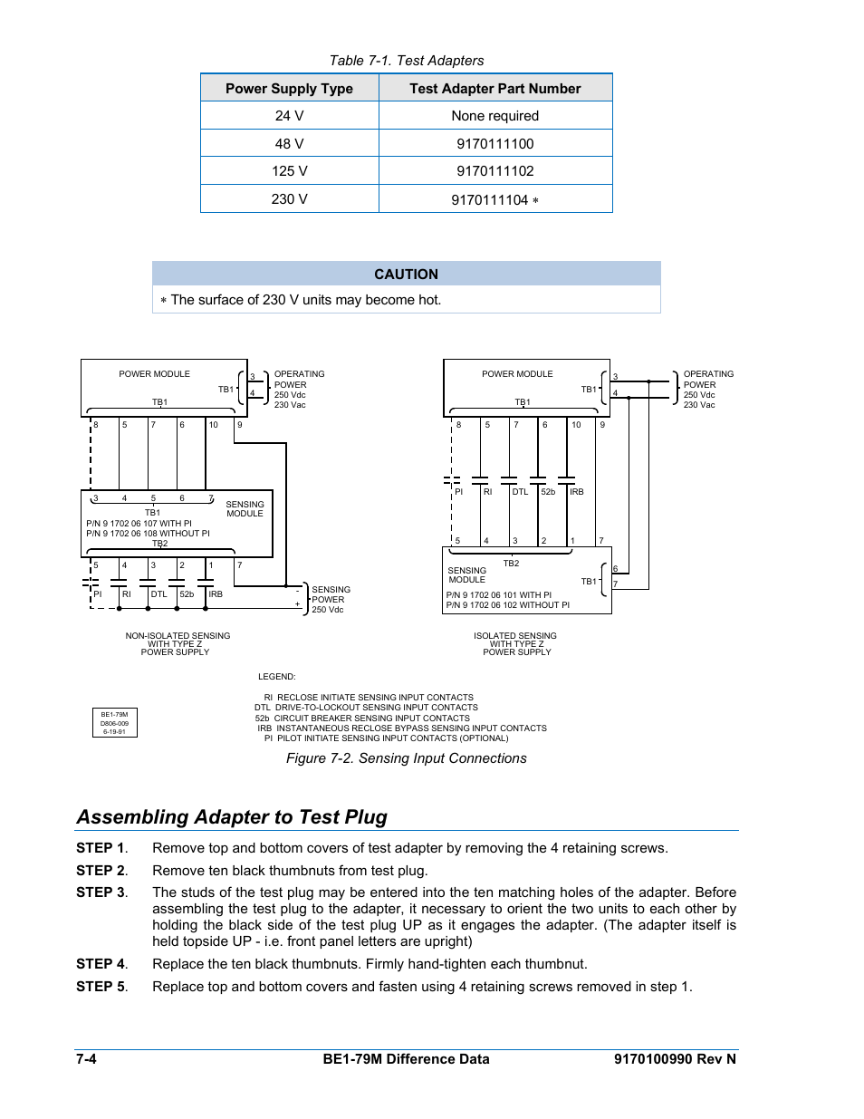 Assembling adapter to test plug, Assembling adapter to test plug -4, Figure 7-2. sensing input connections | Table 7-1. test adapters | Basler Electric BE1-79M User Manual | Page 70 / 74
