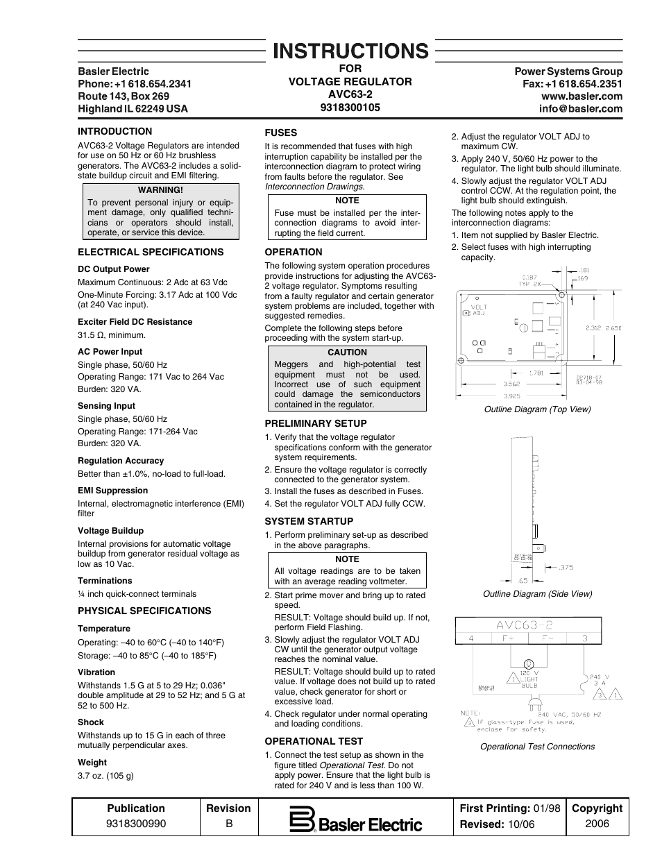 Basler Electric AVC63-2 User Manual | 2 pages