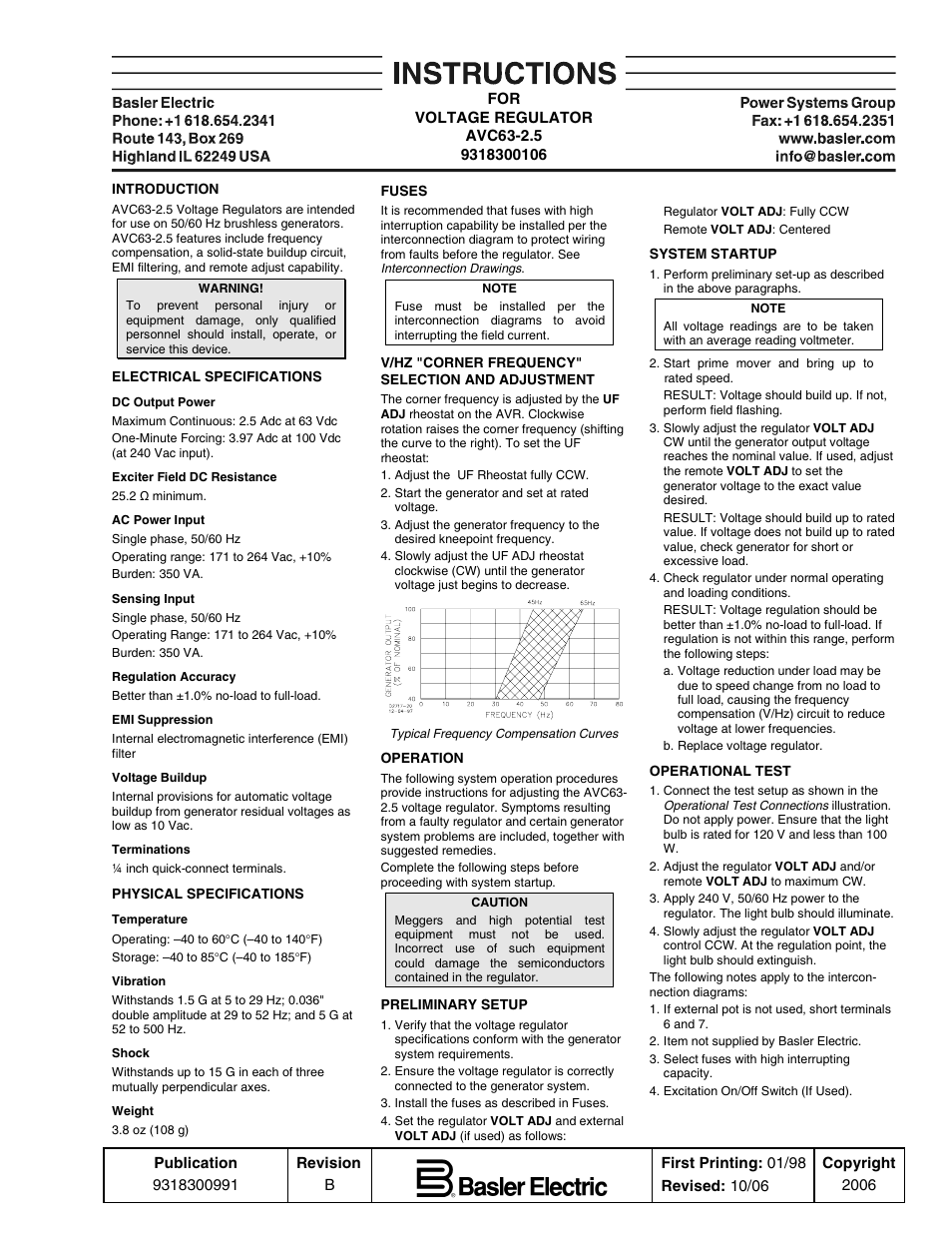 Basler Electric AVC63-2.5 User Manual | 2 pages