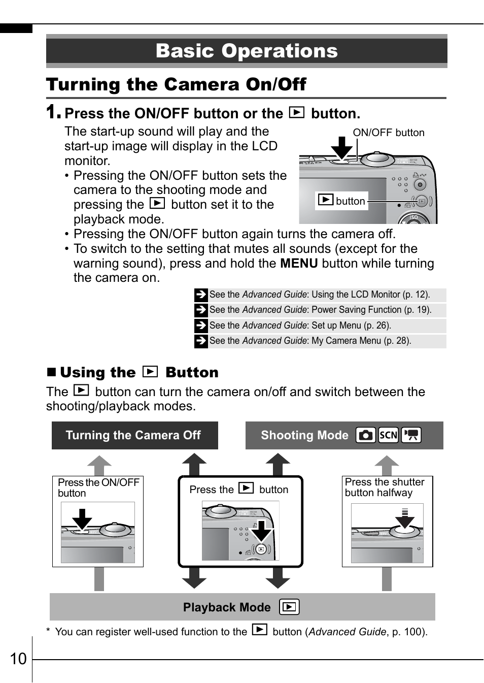 Basic operations, Turning the camera on/off, Pp. 10 | Press the on/off button or the button, Using the button | Canon IXUS 75 User Manual | Page 12 / 35