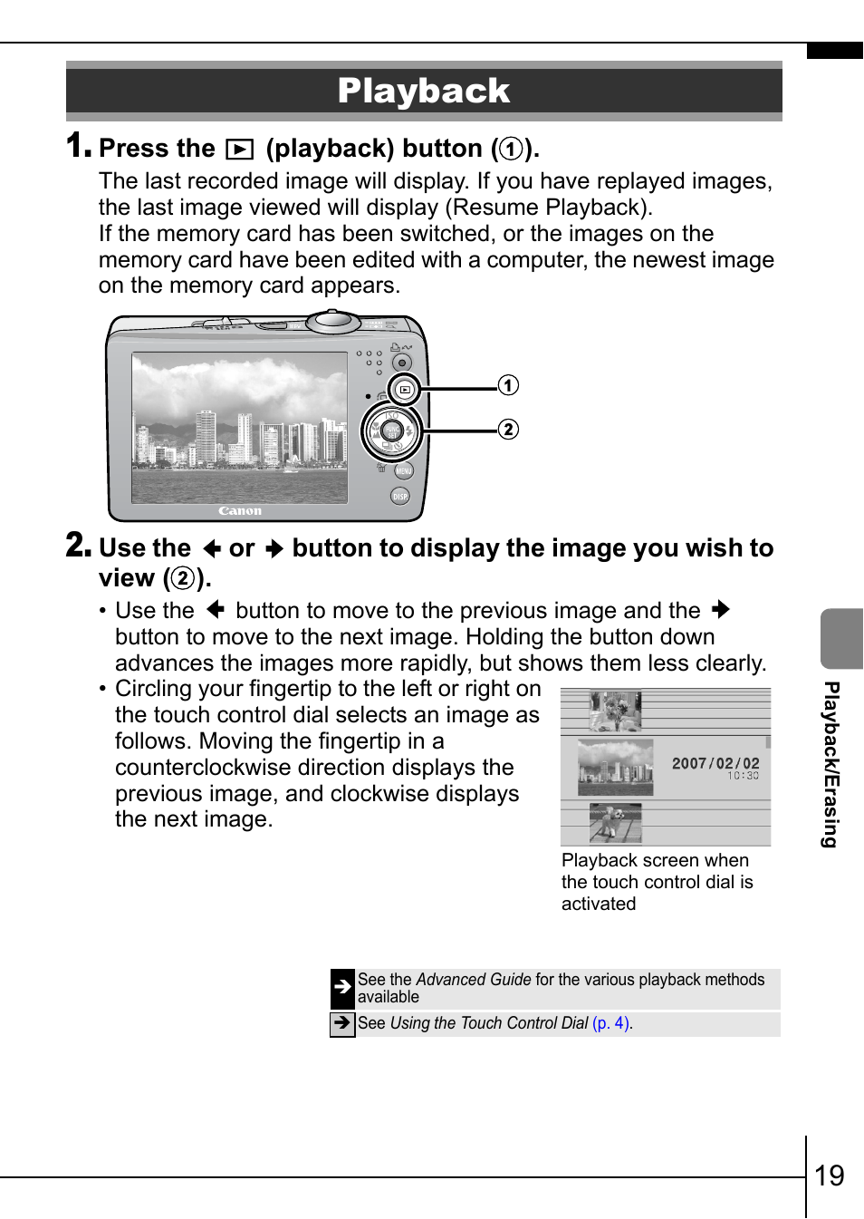 Playback, P. 19, Press the (playback) button ( a ) | Canon IXUS 75 User Manual | Page 21 / 35