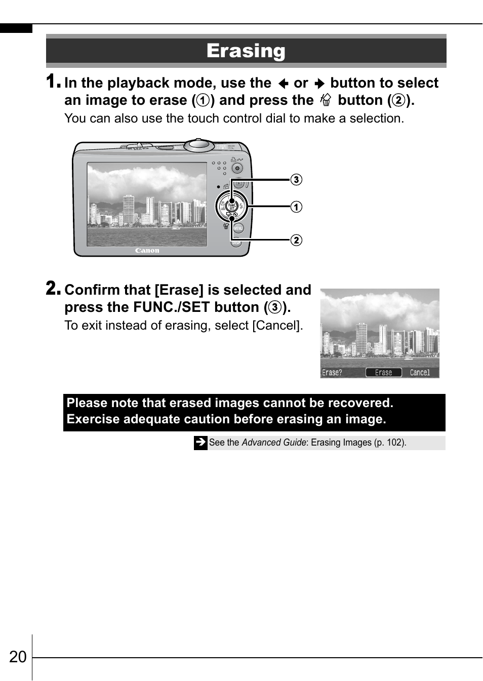 Erasing | Canon IXUS 75 User Manual | Page 22 / 35