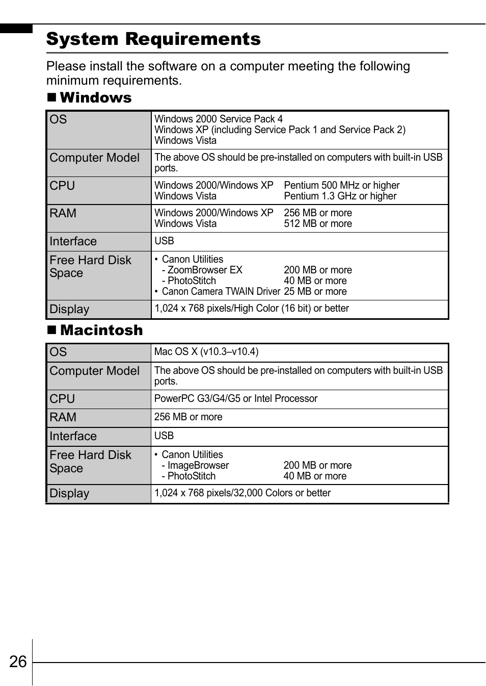 System requirements, P. 26), Windows  macintosh | Canon IXUS 75 User Manual | Page 28 / 35