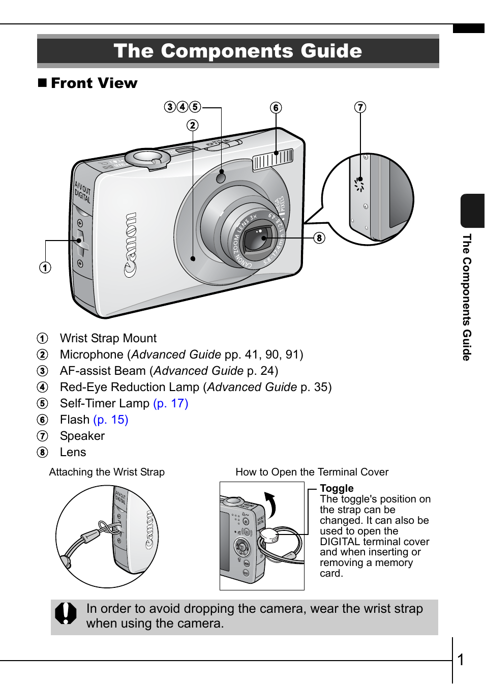 The components guide, Front view | Canon IXUS 75 User Manual | Page 3 / 35