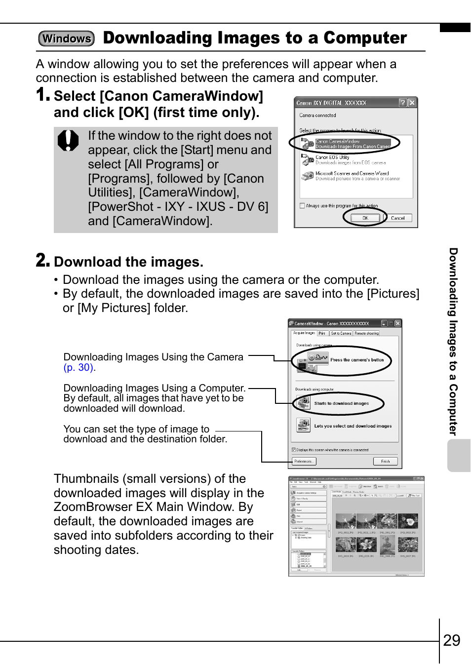 Downloading images to a computer, Pp. 29, Download the images | Canon IXUS 75 User Manual | Page 31 / 35