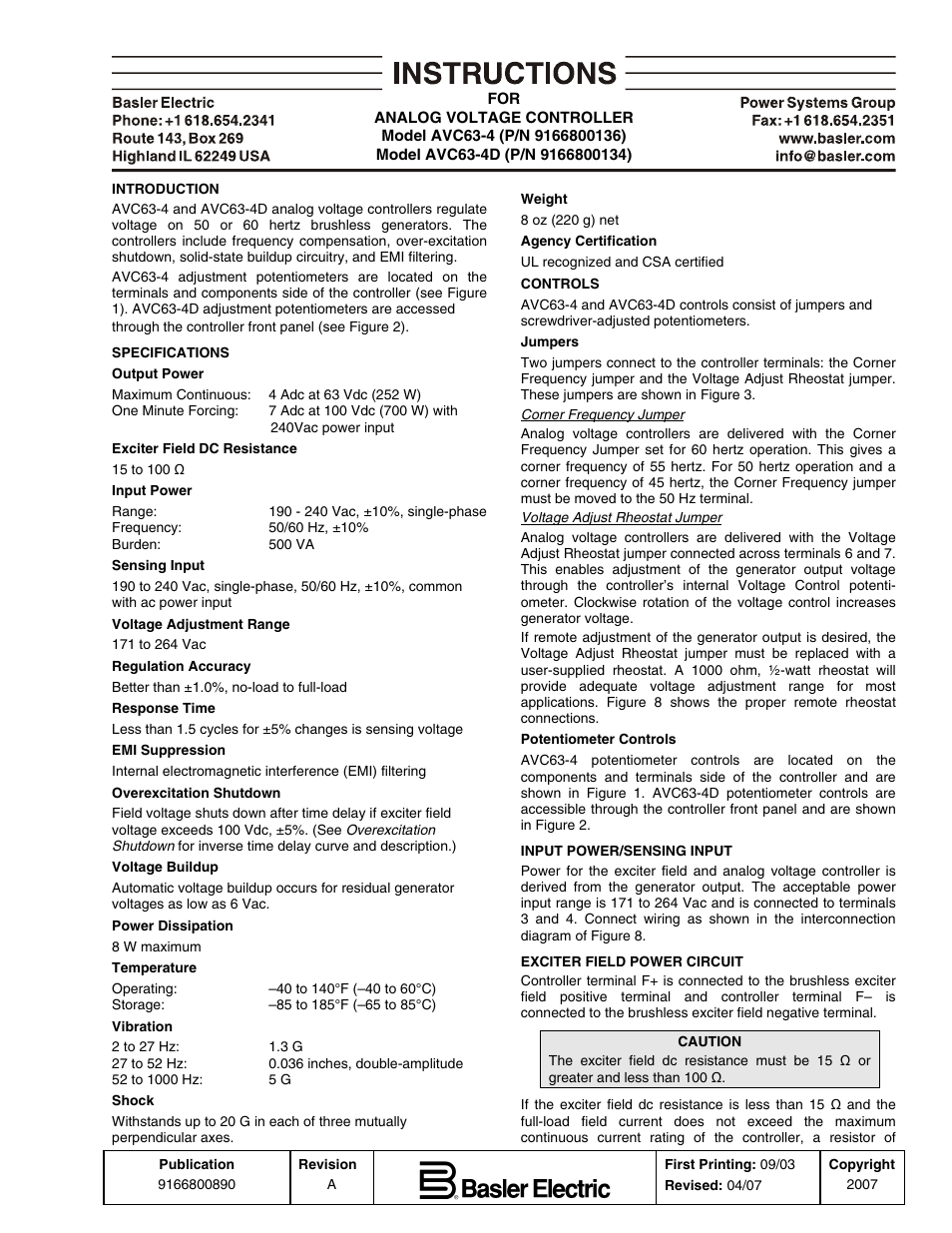 Basler Electric AVC63-4 User Manual | 6 pages