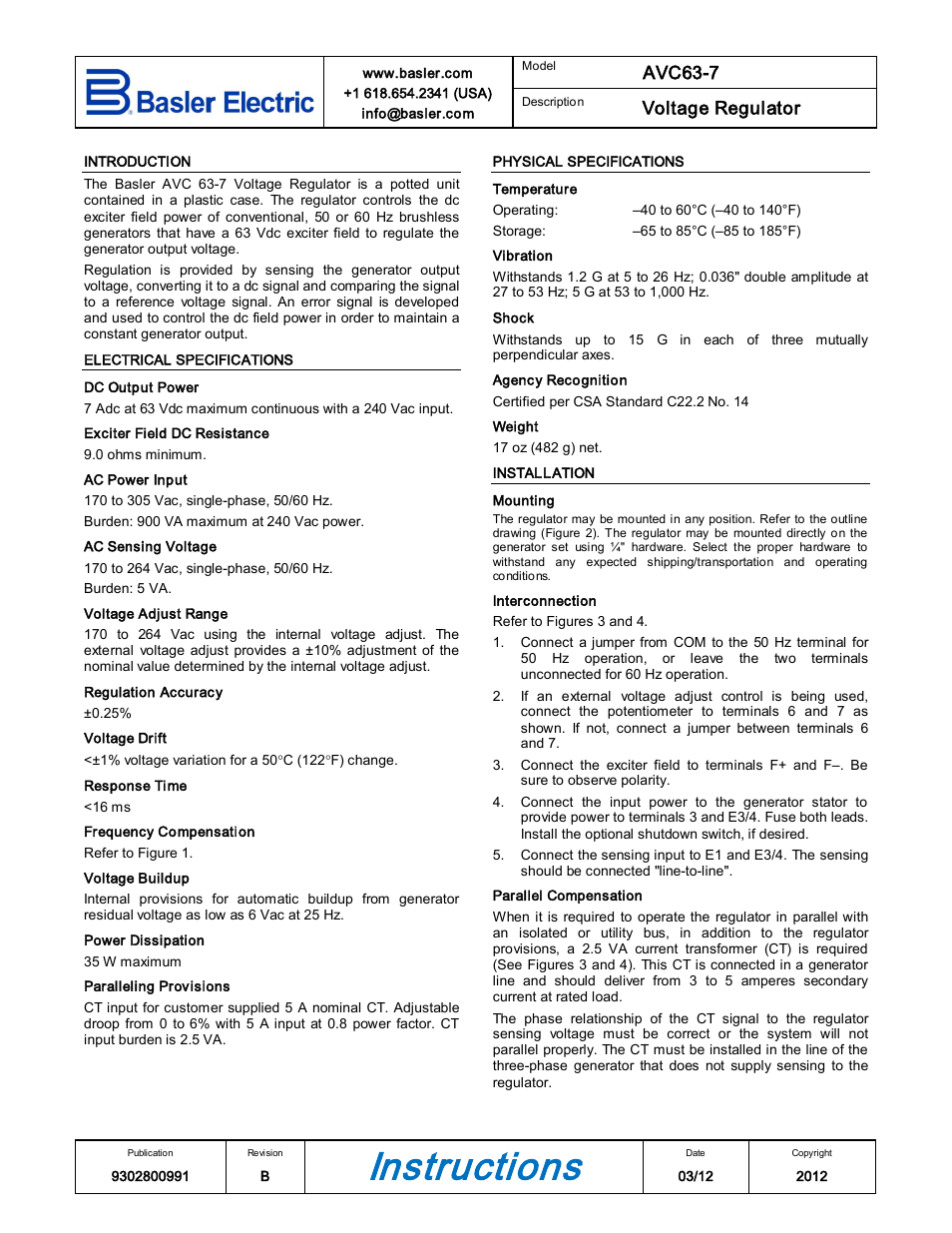 Basler Electric AVC63-7 User Manual | 4 pages