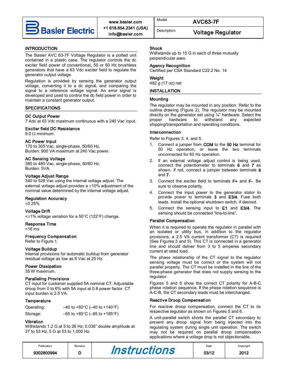 Basler Electric AVC63-7F User Manual | 4 pages