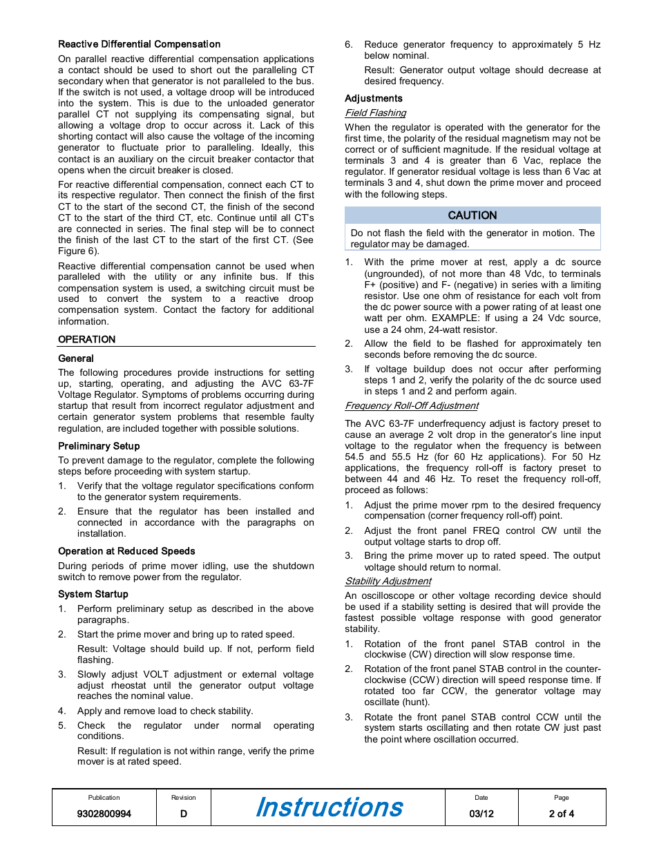 Instructions | Basler Electric AVC63-7F User Manual | Page 2 / 4