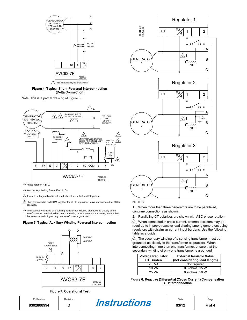Instructions, Regulator 1, Regulator 2 | Regulator 3, Avc63-7f | Basler Electric AVC63-7F User Manual | Page 4 / 4