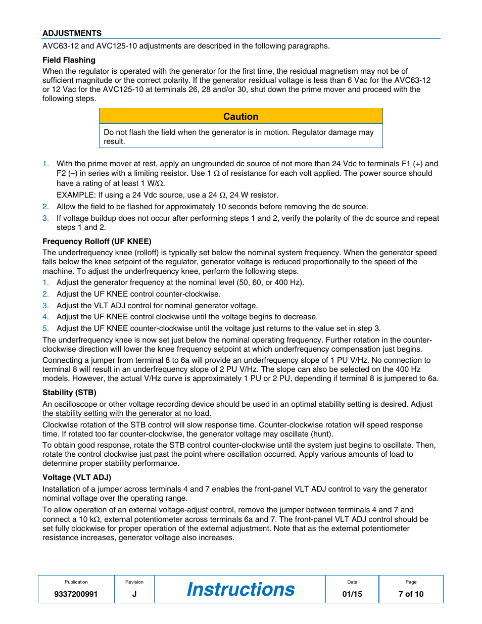 Adjustments, Instructions | Basler Electric AVC63-12 User Manual | Page 7 / 10