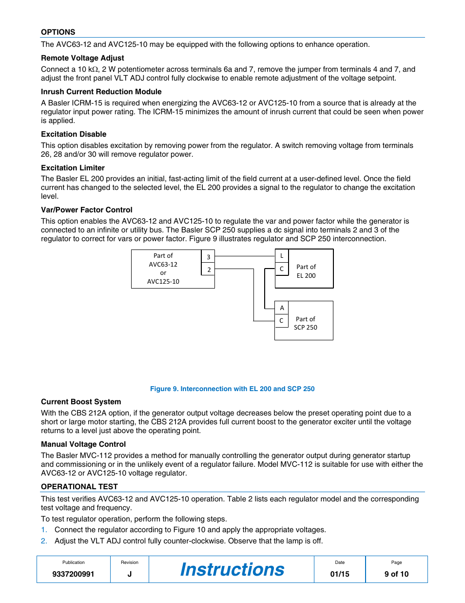 Options, Operational test, Instructions | Basler Electric AVC63-12 User Manual | Page 9 / 10