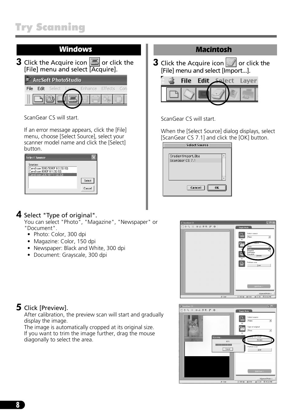 Try scanning, Windows, Macintosh | Canon CanoScan LiDe 50 User Manual | Page 10 / 16