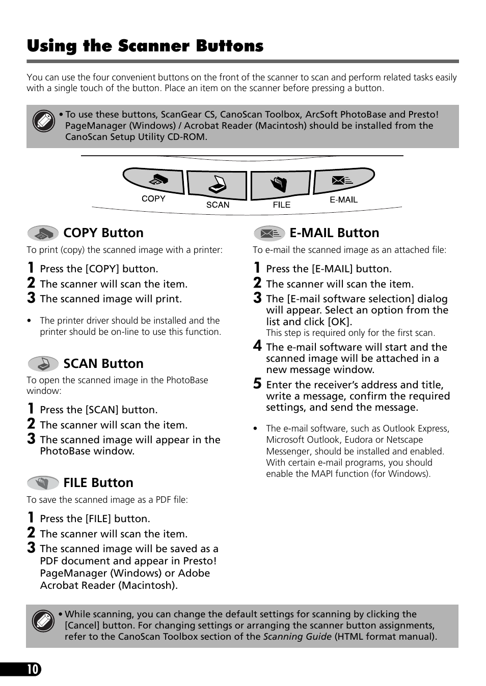 Using the scanner buttons | Canon CanoScan LiDe 50 User Manual | Page 12 / 16