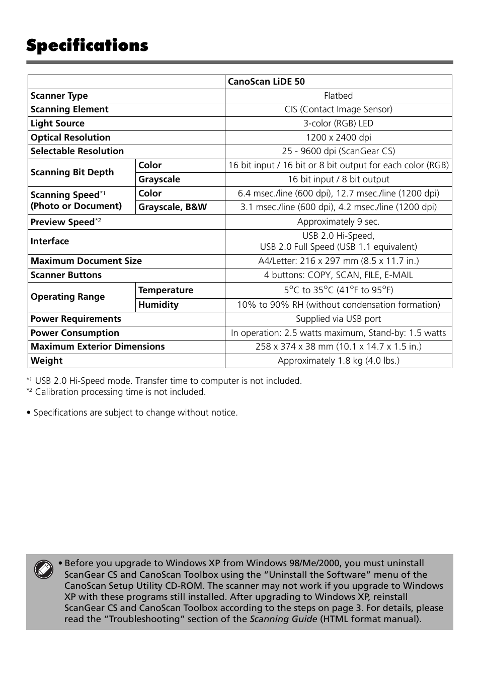 Specifications | Canon CanoScan LiDe 50 User Manual | Page 15 / 16