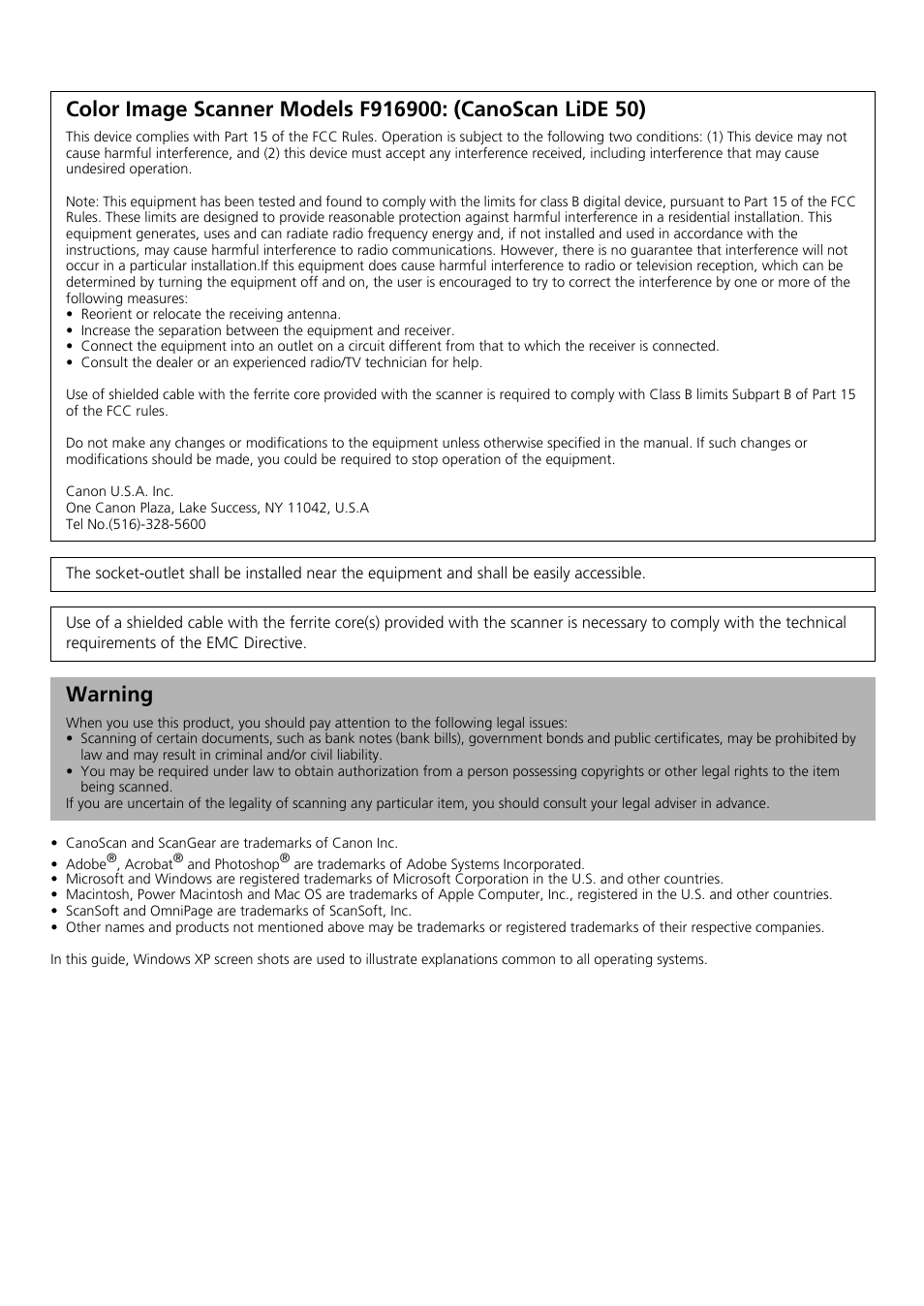 Warning | Canon CanoScan LiDe 50 User Manual | Page 2 / 16
