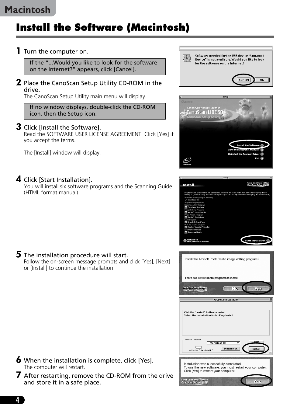 Install the software (macintosh) | Canon CanoScan LiDe 50 User Manual | Page 6 / 16