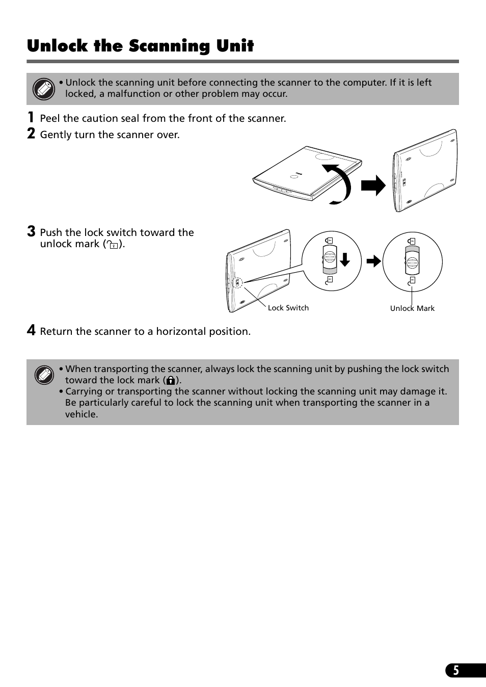 Unlock the scanning unit | Canon CanoScan LiDe 50 User Manual | Page 7 / 16