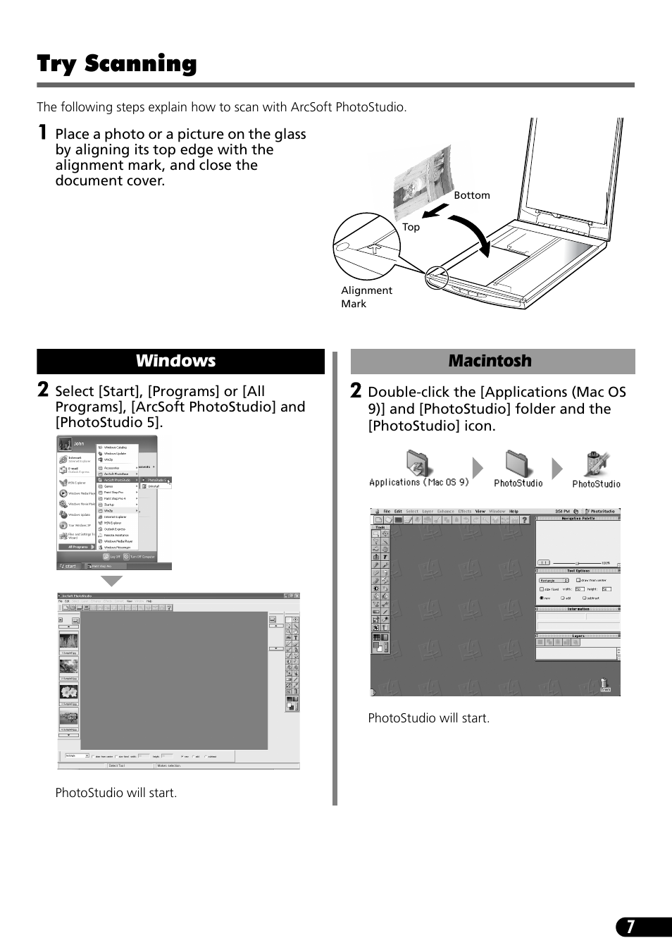 Try scanning, Windows, Macintosh | Canon CanoScan LiDe 50 User Manual | Page 9 / 16