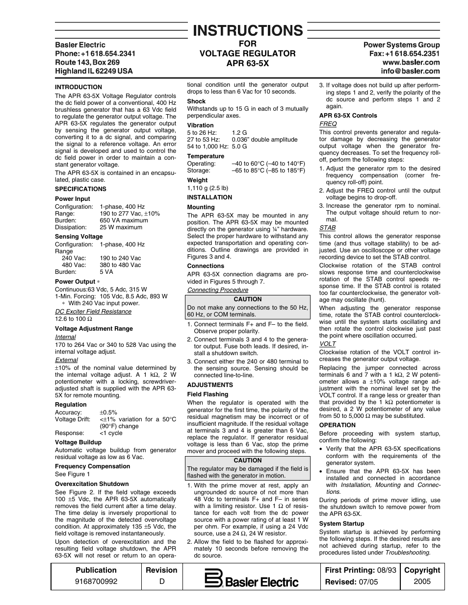 Basler Electric APR63-5X User Manual | 4 pages