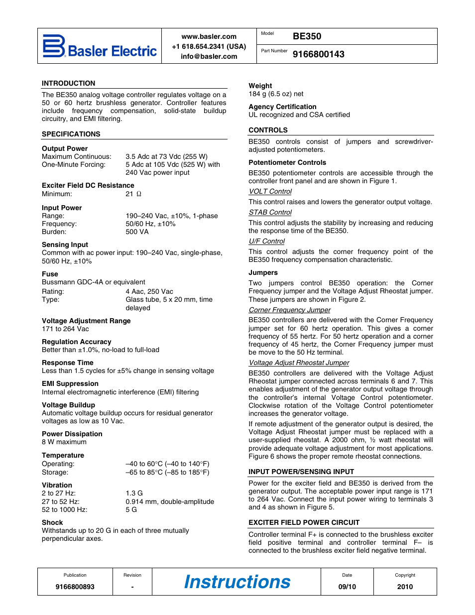 Basler Electric BE350 User Manual | 4 pages