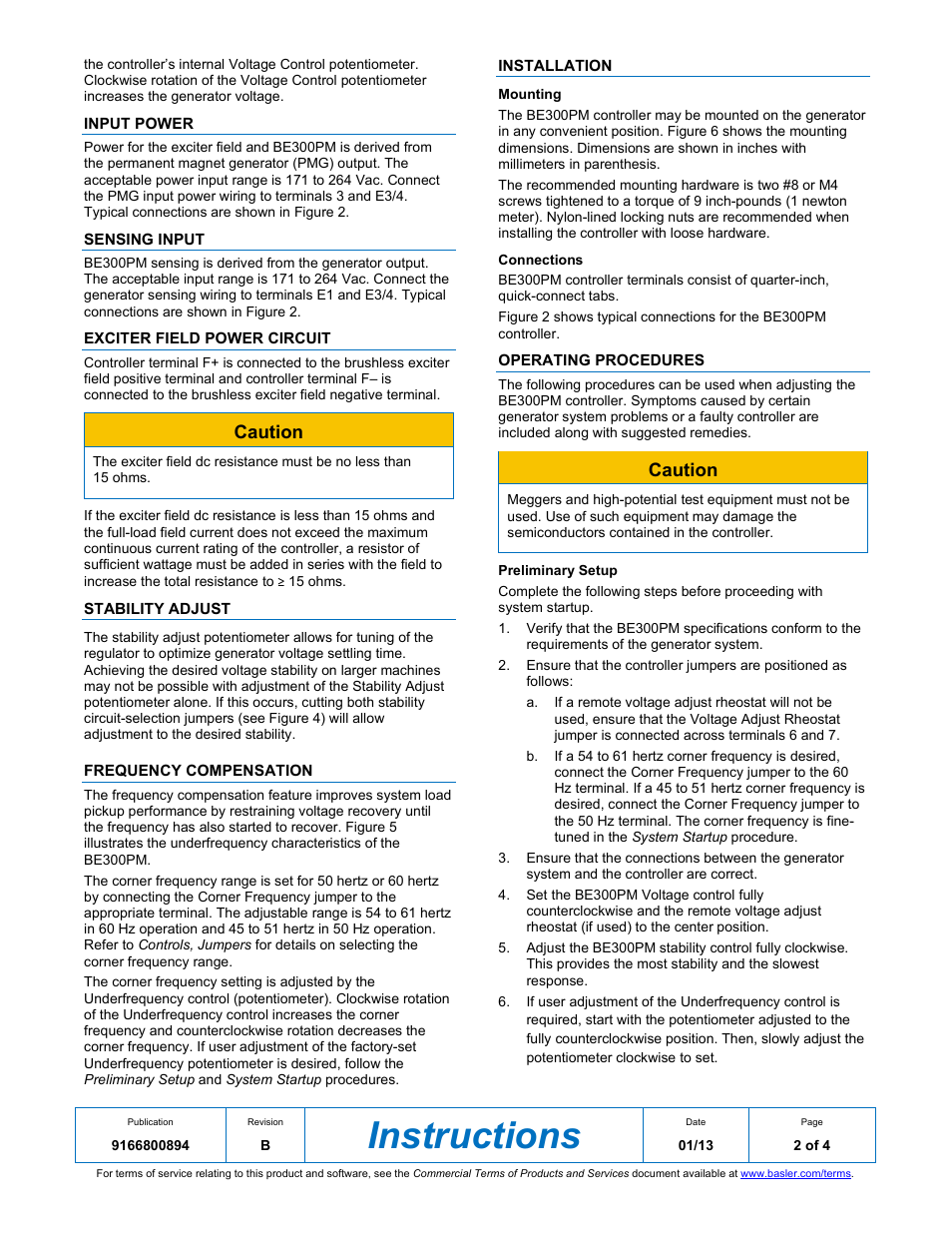 Instructions, Caution | Basler Electric BE300PM User Manual | Page 2 / 4