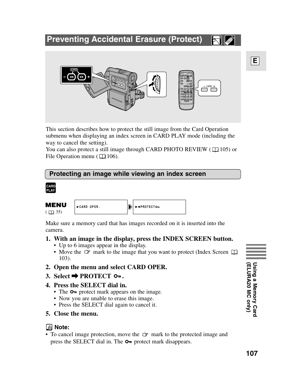 Preventing accidental erasure (protect), 107 e | Canon elura20 User Manual | Page 107 / 152