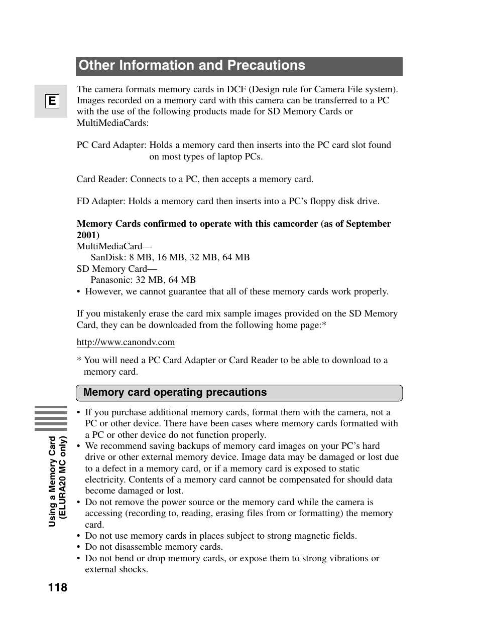 Other information and precautions, 118 e | Canon elura20 User Manual | Page 118 / 152