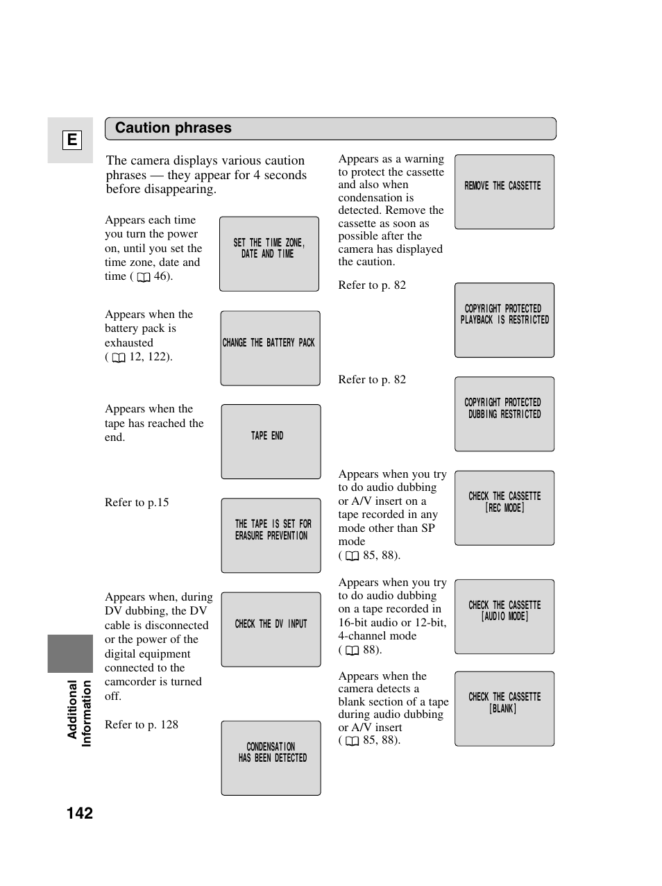 142 e, Caution phrases | Canon elura20 User Manual | Page 142 / 152